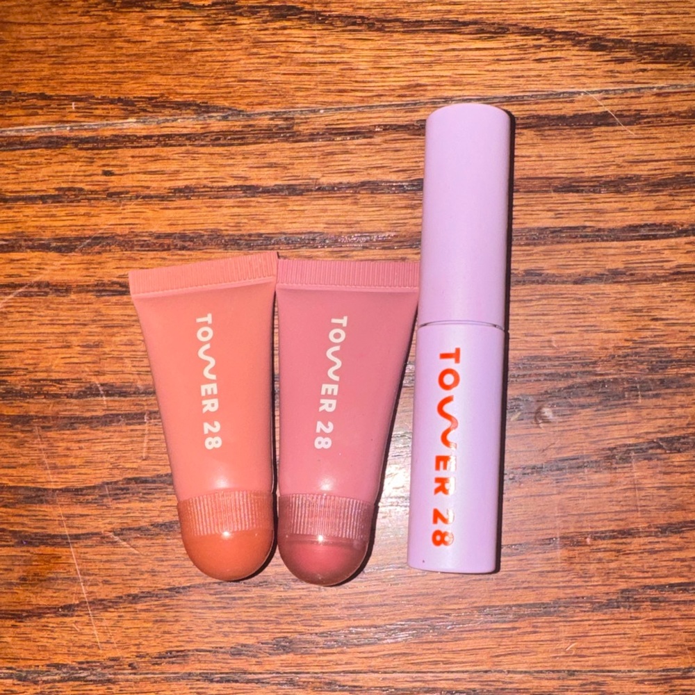 Tower 28 Lip & Cheek Tint Trio in Peach and Pink and black mascara